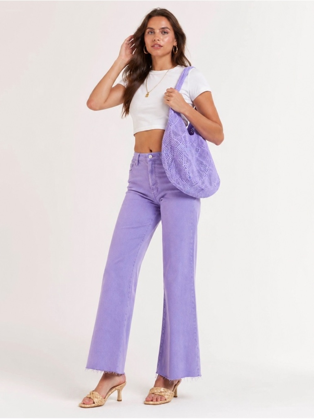 Dear John Fiona Lavender Wide-Leg Jeans + Purple Knit Tote Bag Bundle NWT